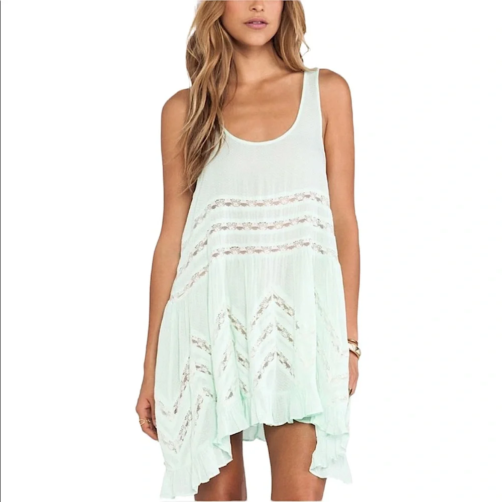 FREE PEOPLE Intimately Voile and Lace mint green polka dot lace trapeze dress S